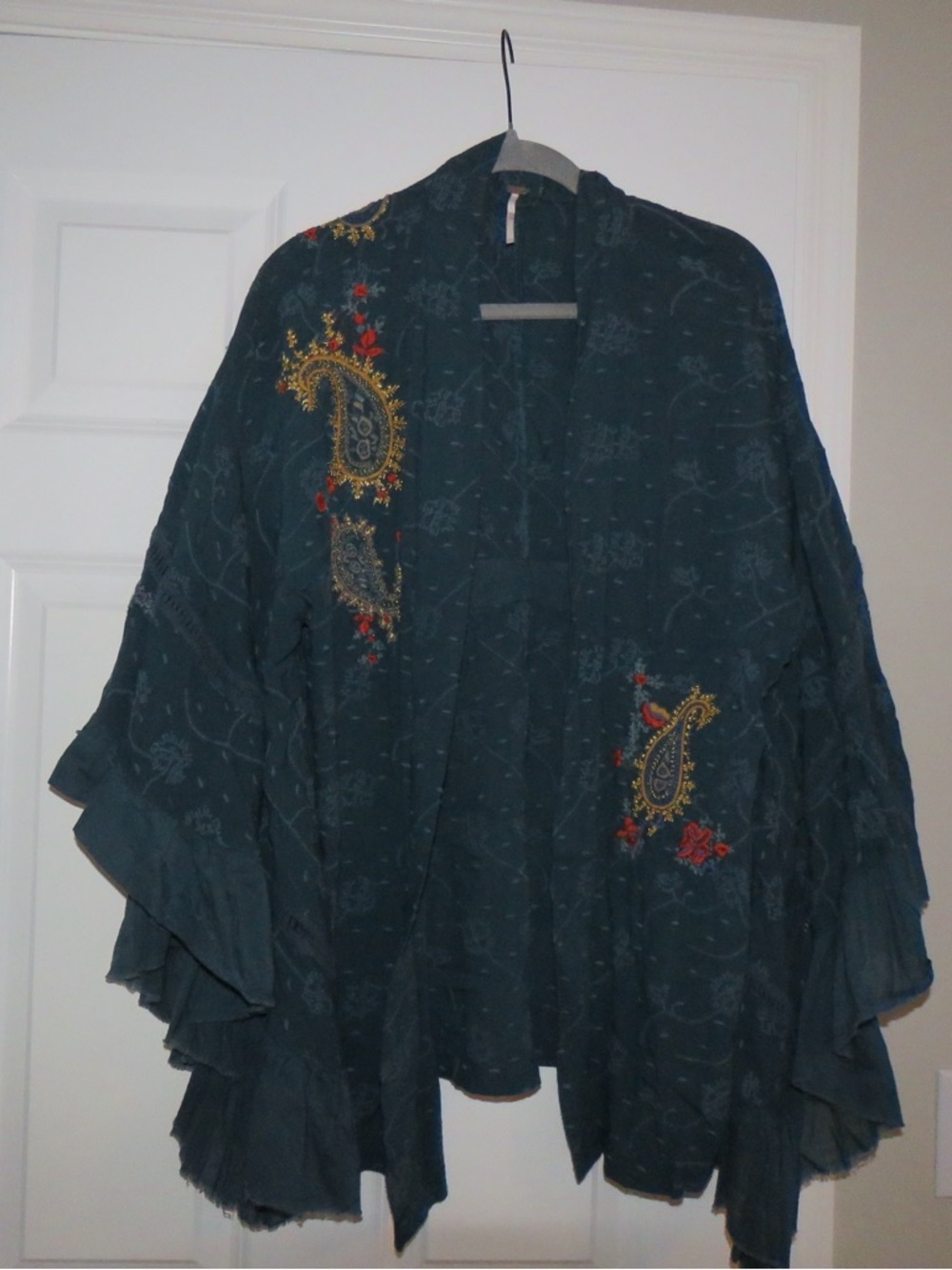 Free People Embroidered Teal Boho Kimono